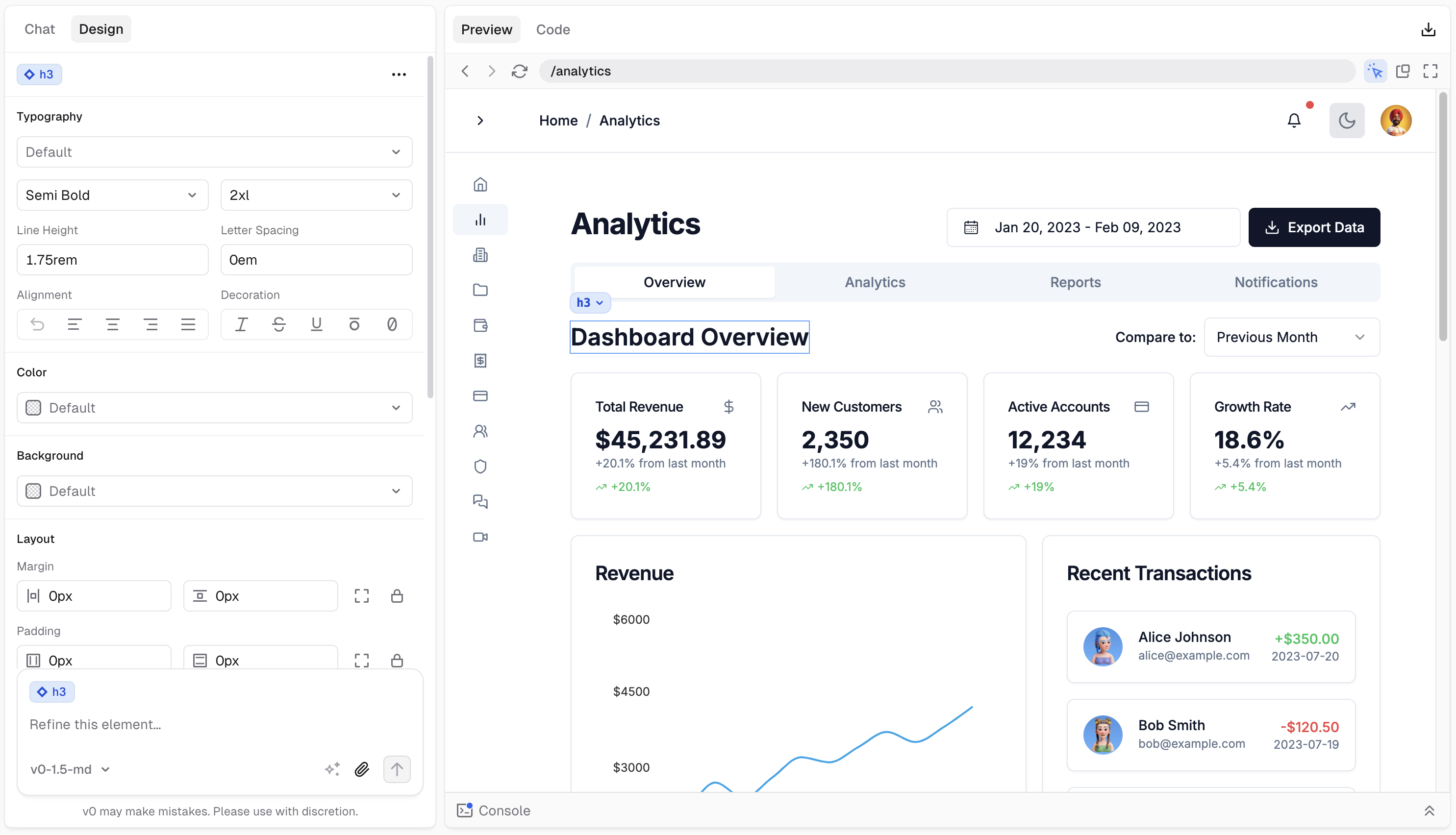 v0’s documentation illustration of an earlier Design Mode interface, with styling controls beside an example dashboard. Dashboard figures and account details are vendor examples.