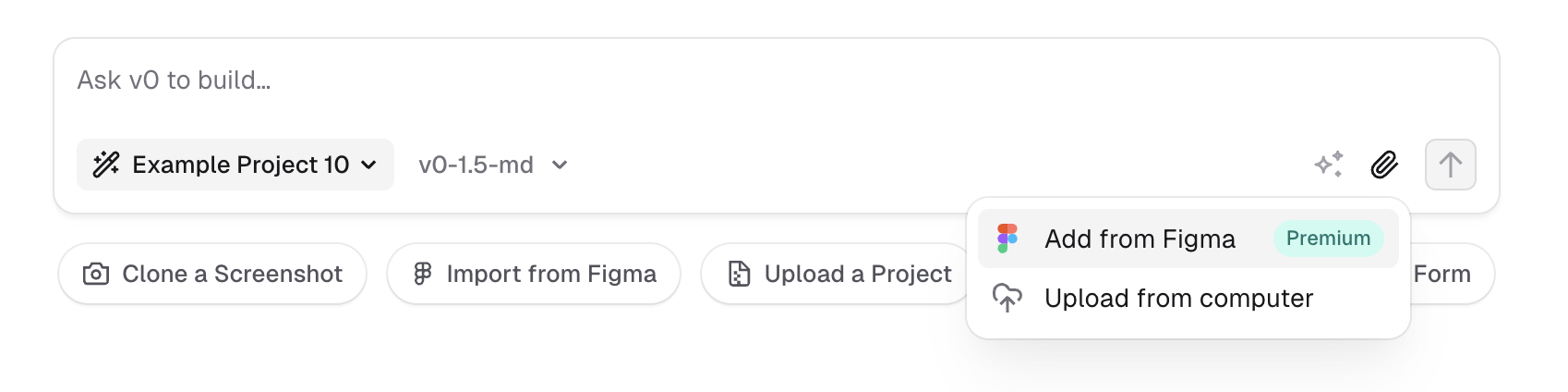 v0 interface showing Import from Figma option in the project dropdown